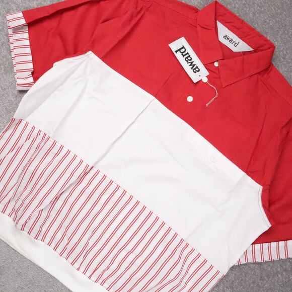 VTG 80s 90s Award Deadstock Large Red White Striped Short Sleeve Collared Shirt - Picture 7 of 9